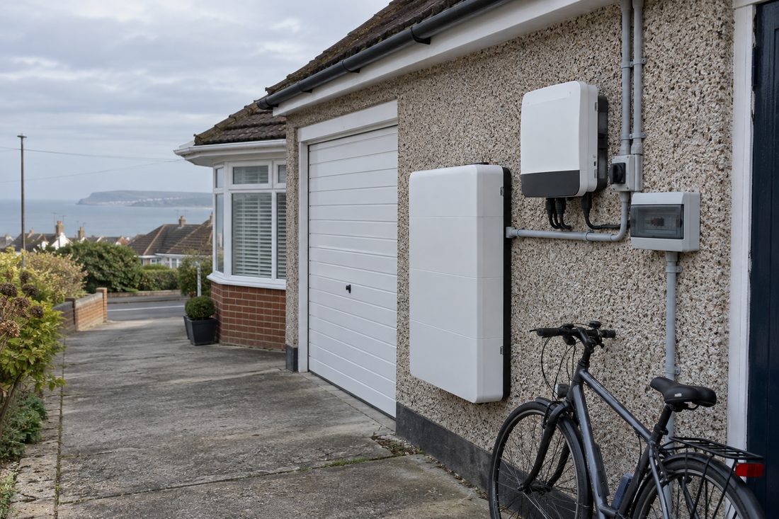 White wall-mounted home battery and inverter beside a small consumer unit on the pebbledash garage wall of a 1960s bungalow, with a bicycle and a view over the coast