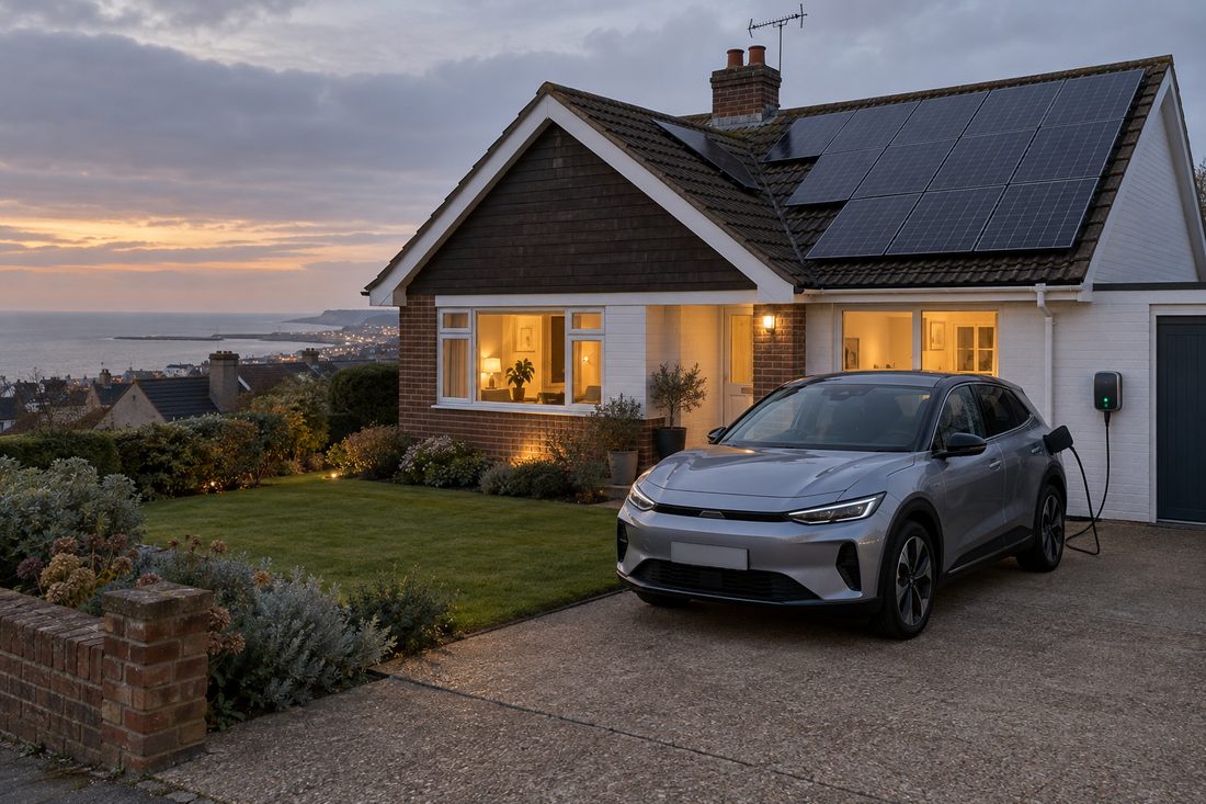 Electric car charging on the driveway of a 1950s chalet bungalow with solar panels on the roof, at dusk with the coast beyond