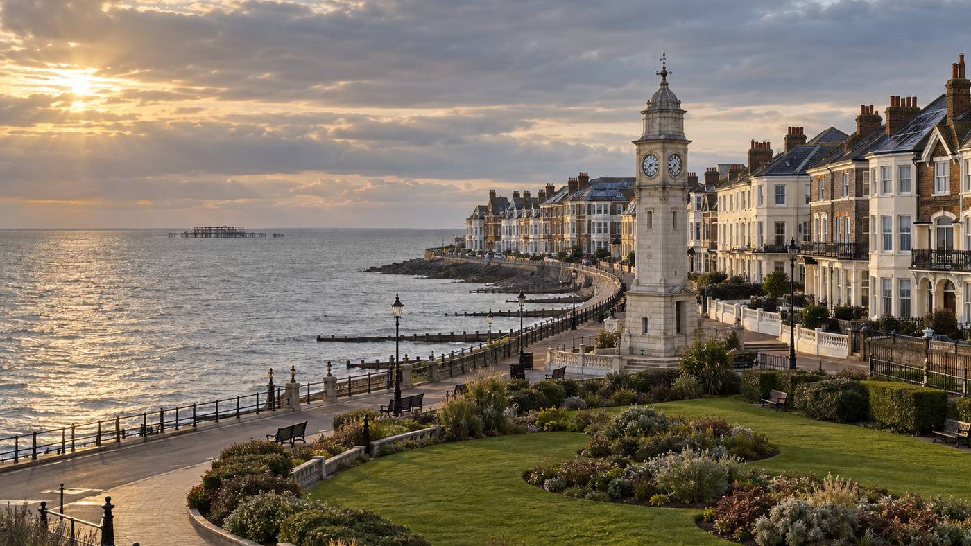 Herne Bay seafront at sunset with the white Clock Tower, sea-front gardens, groynes and the old pier head far offshore, and a row of Victorian houses and flats with solar panels on their slate roofs