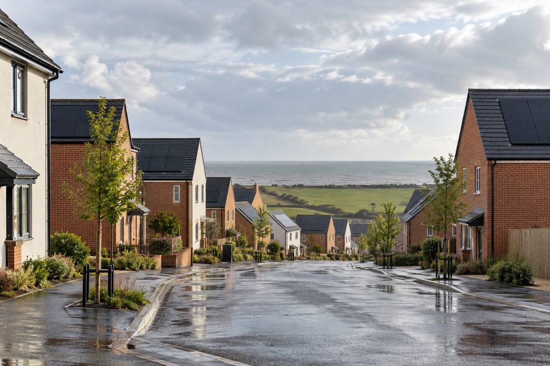 New-build brick and render houses on a wet estate street, with solar panels on several roofs and a field and the sea beyond